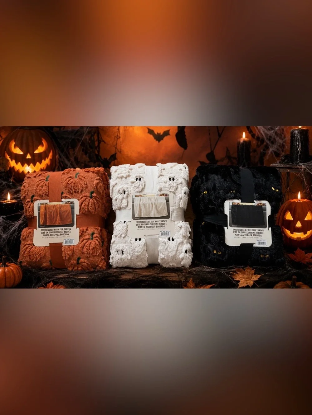 NWT 3 Halloween Faux Fur Throw Blankets Orange Pumpkin White Ghost & Black Cat